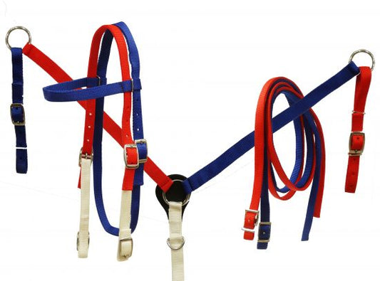 Showman Red, white and blue nylon headstall and breast collar set 13504