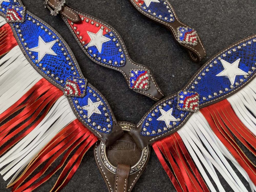 Showman Medium Oil One Ear Bridle & Breast Collar Red White and Blue patriotic fringe set 14512