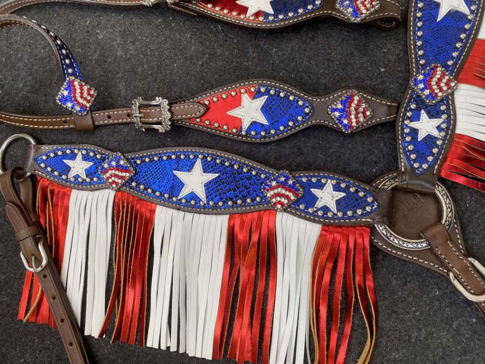 Showman Medium Oil One Ear Bridle & Breast Collar Red White and Blue patriotic fringe set 14512