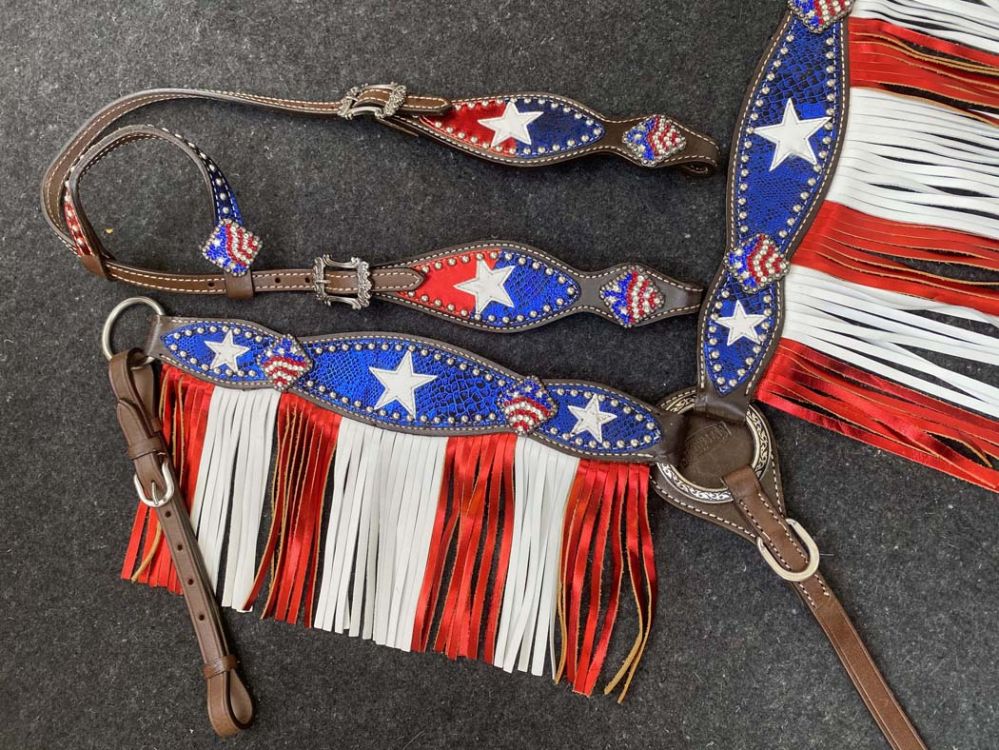 Showman Medium Oil One Ear Bridle & Breast Collar Red White and Blue patriotic fringe set 14512