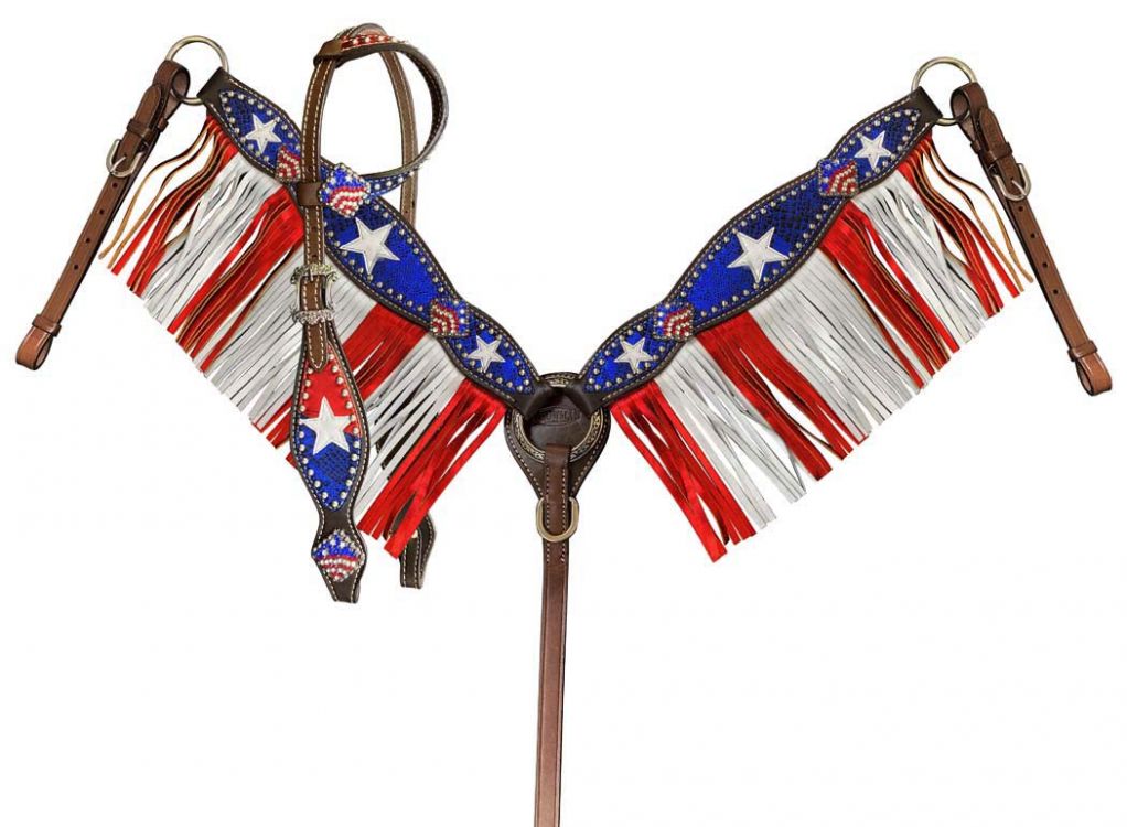 Showman Medium Oil One Ear Bridle & Breast Collar Red White and Blue patriotic fringe set 14512