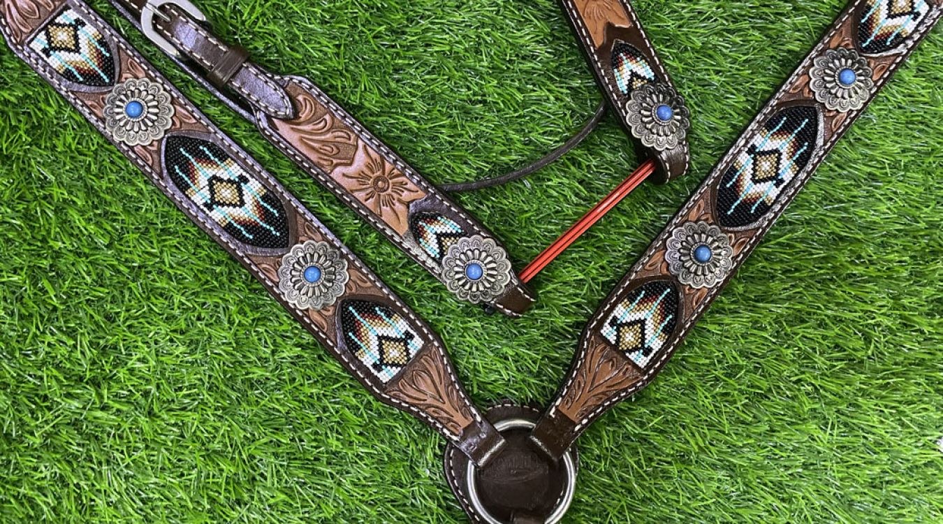 Showman Dark Oil Browband Beaded Inlay Headstall and Breast collar Set 14643