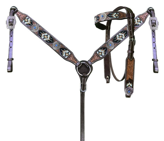 Showman Dark Oil Browband Beaded Inlay Headstall and Breast collar Set 14643