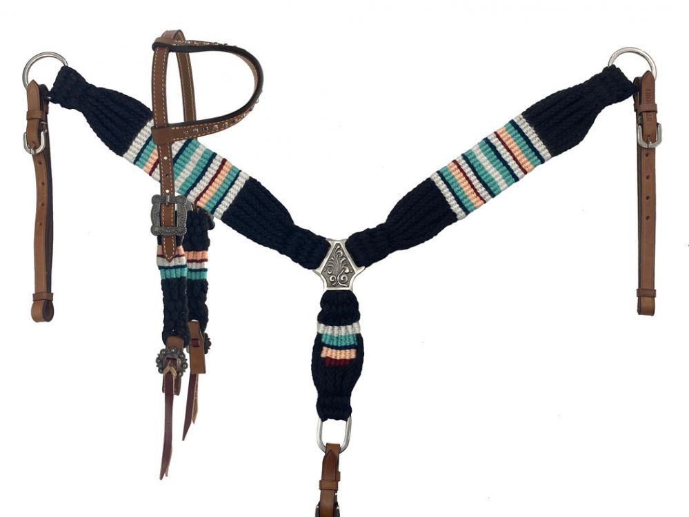 Showman Corded One Ear Headstall & Breast collar set - black 14690