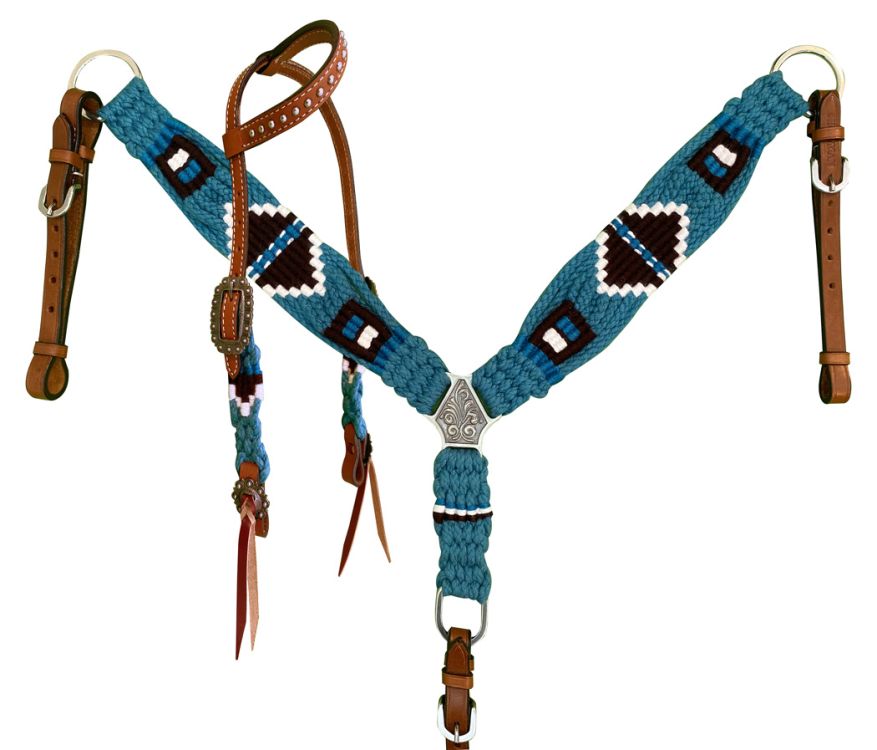 Showman Pony Size Corded One Ear Headstall & Breast collar set - turquoise, black, and white 14695
