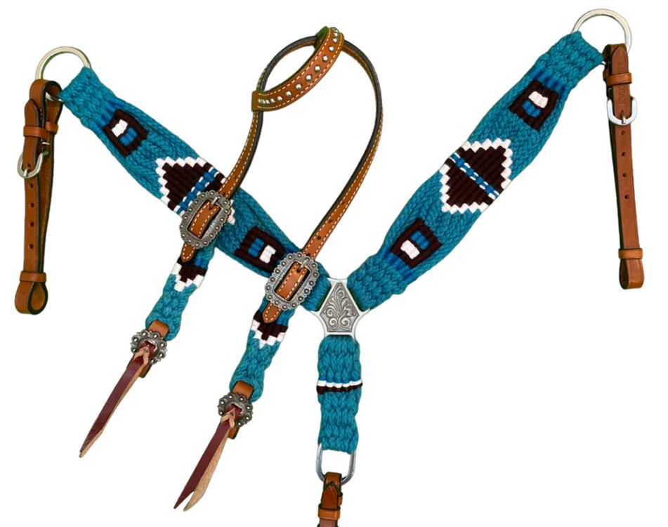 Showman Pony Size Corded One Ear Headstall & Breast collar set - turquoise, black, and white 14695