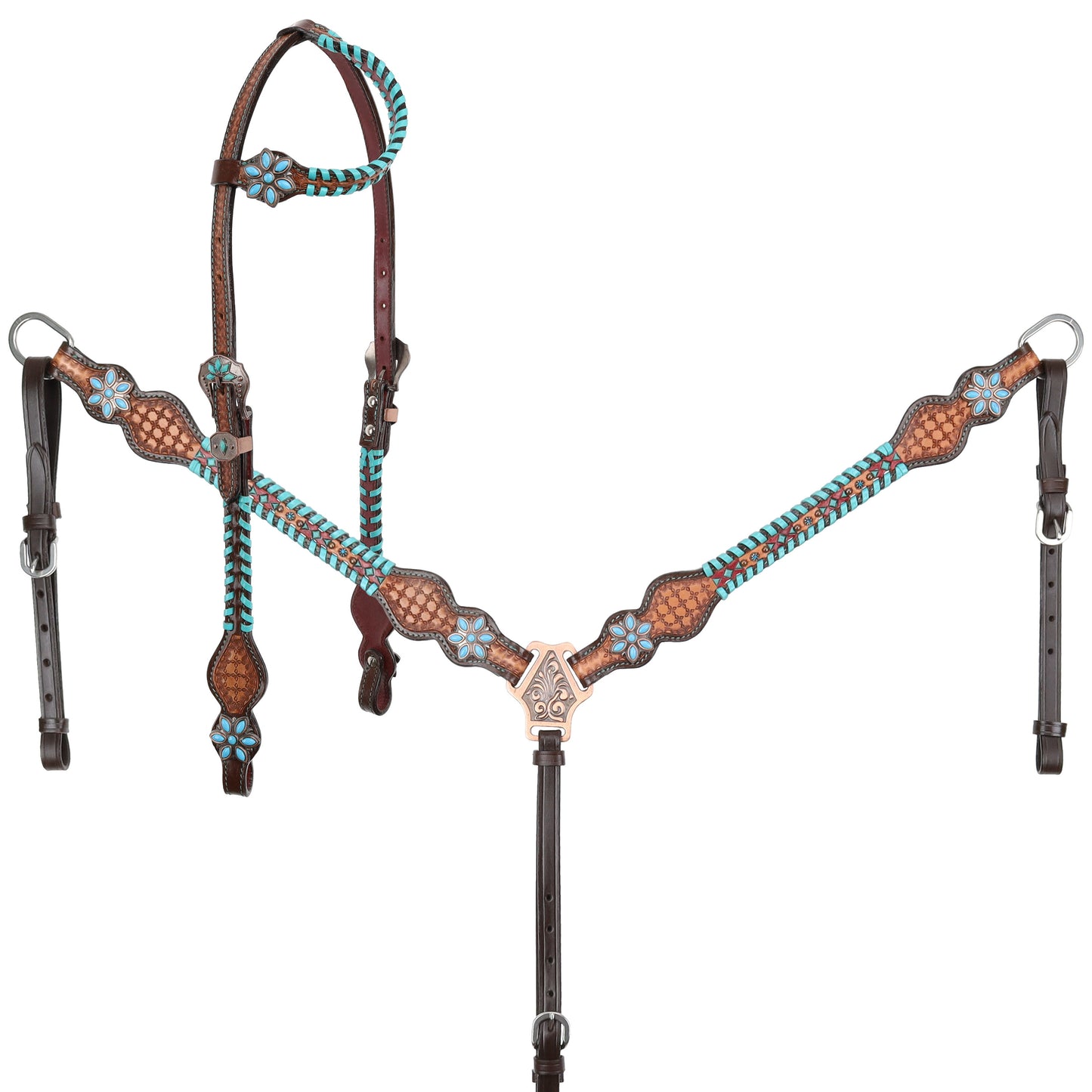 Showman Turquoise Trailblazer One Ear Headstall and Breastcollar Set 14744
