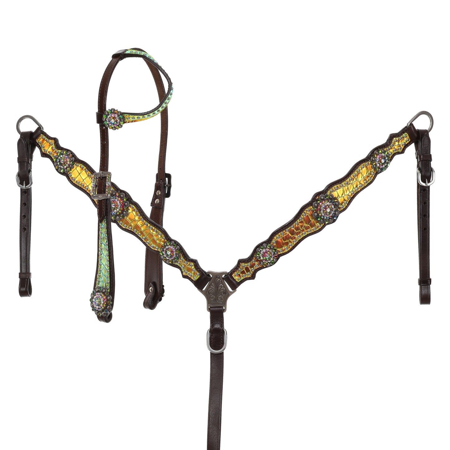 Showman Limited Edition Neon Gator One Ear Headstall and Breastcollar Set - Yellow Green 14950L