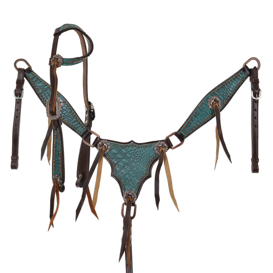 Showman Turquoise Gator One Ear Headstall and Breastcollar Set 14977