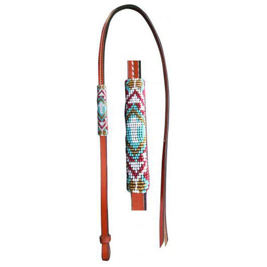 Showman 4ft Leather over & under whip with teal, red, and gold cross designed beaded overlay 176920