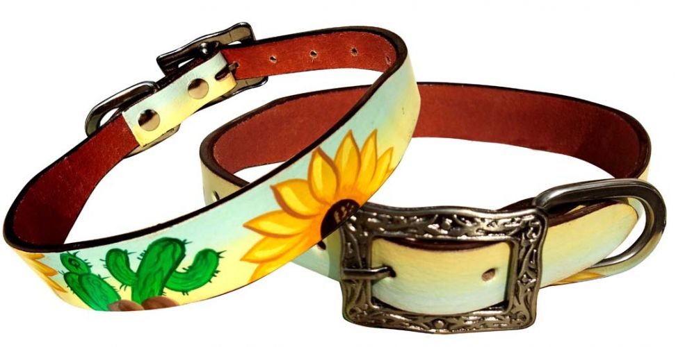 Showman Couture Sunflower and Cactus overlay leather dog collar 176950