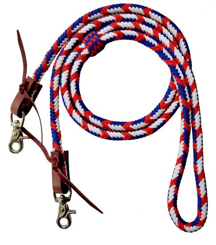 Showman 8ft Red, White, and Blue braided nylon barrel reins with scissor snap ends 19635