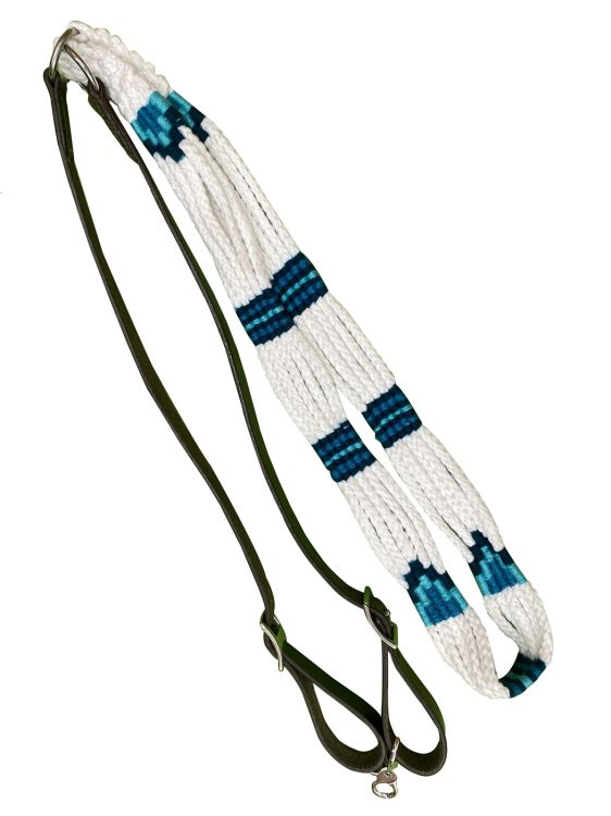 Showman Corded Leather Contest/Roping Rein with Buckles - white and teal 19703