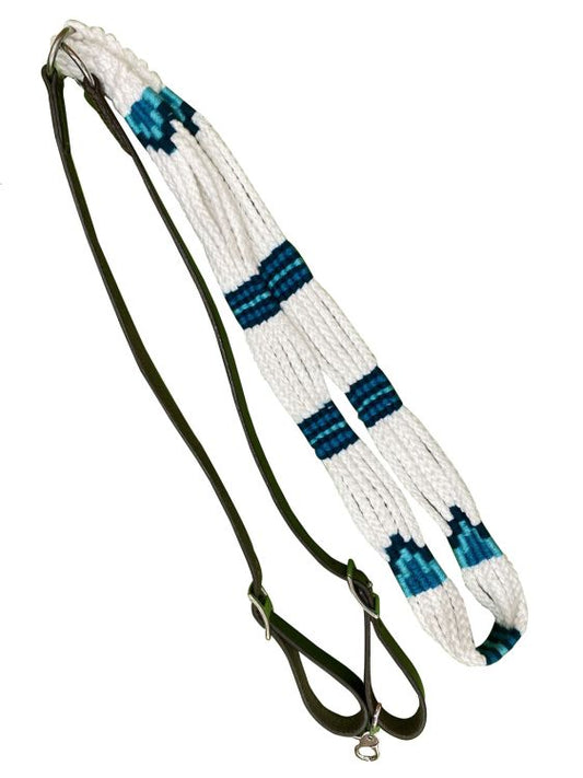 Showman Corded Leather Contest/Roping Rein with Buckles - white and teal 19703