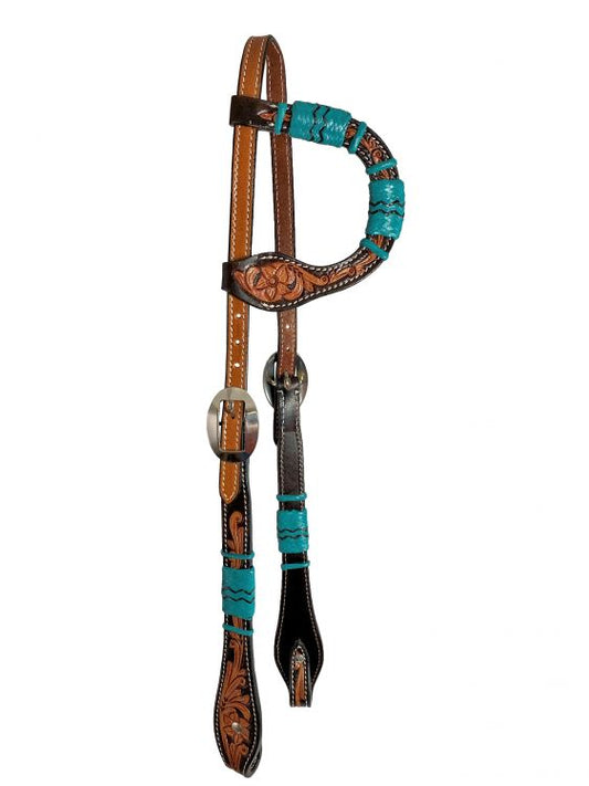 Showman Floral Tooled One Ear Teal Rawhide Laced Leather Headstall 202775