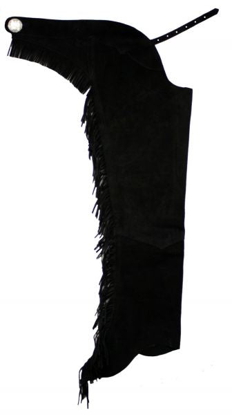 Black Suede leather chaps with fringe down each leg. Comes with engraved concho in back 2440