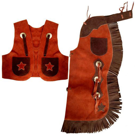 Showman Two Toned Brown Kid's Suede Leather Chap and Vest Outfit with Fringe 26123