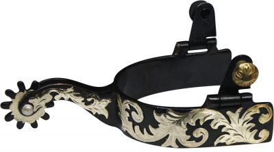 Showman black steel spur with 1" band and 3" shank. Details are engraved silver scrolling 290500