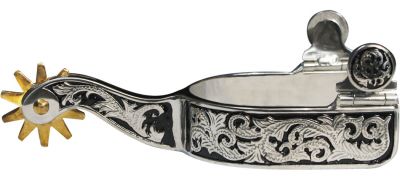 Showman stainless steel spur with 1" band and 3" shank. Details are engraved scrolling on black inlay 290510