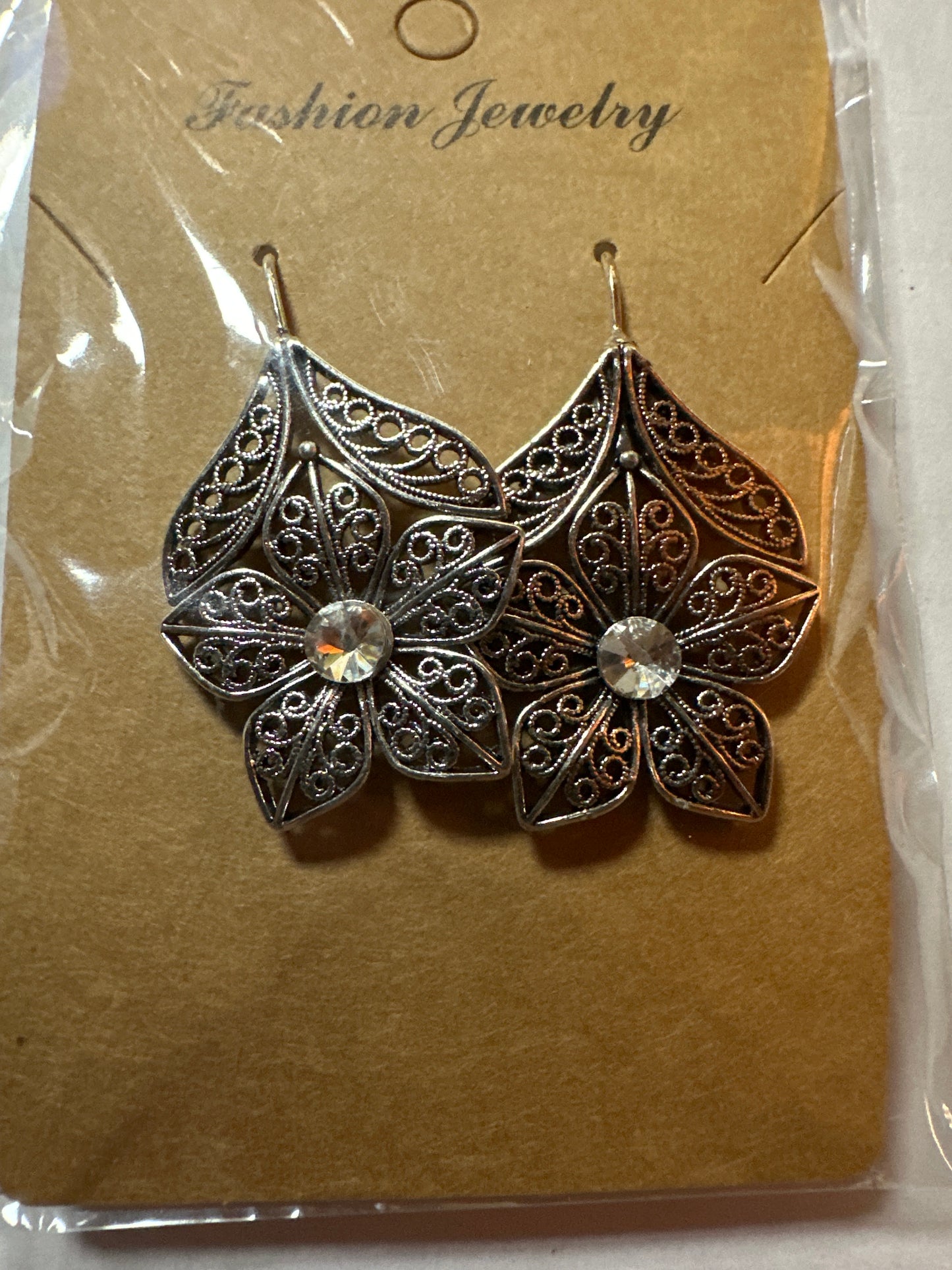 Silver Flower Clear Stone Earrings