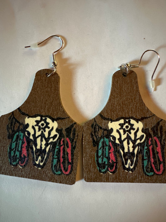 Skull &Feather Wood Earrings