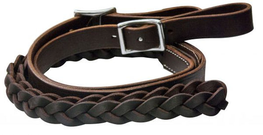 Showman One piece leather braided middle roping rein with buckles 5645