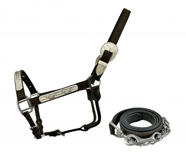 Dark Oil Average Horse size leather double stitched silver bar show halter with lead 5782