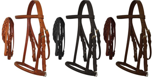 Pony Size English headstall with raised browband and braided leather reins 5900P