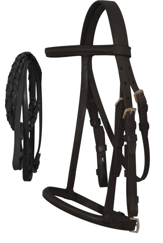 Mini Size English headstall with raised browband and braided leather reins 5900M