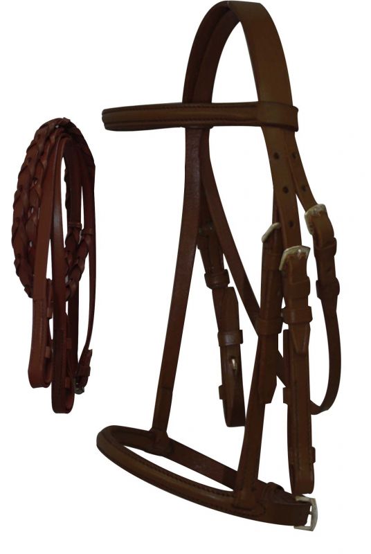 Mini Size English headstall with raised browband and braided leather reins 5900M