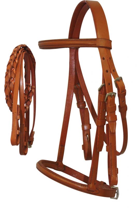 Mini Size English headstall with raised browband and braided leather reins 5900M