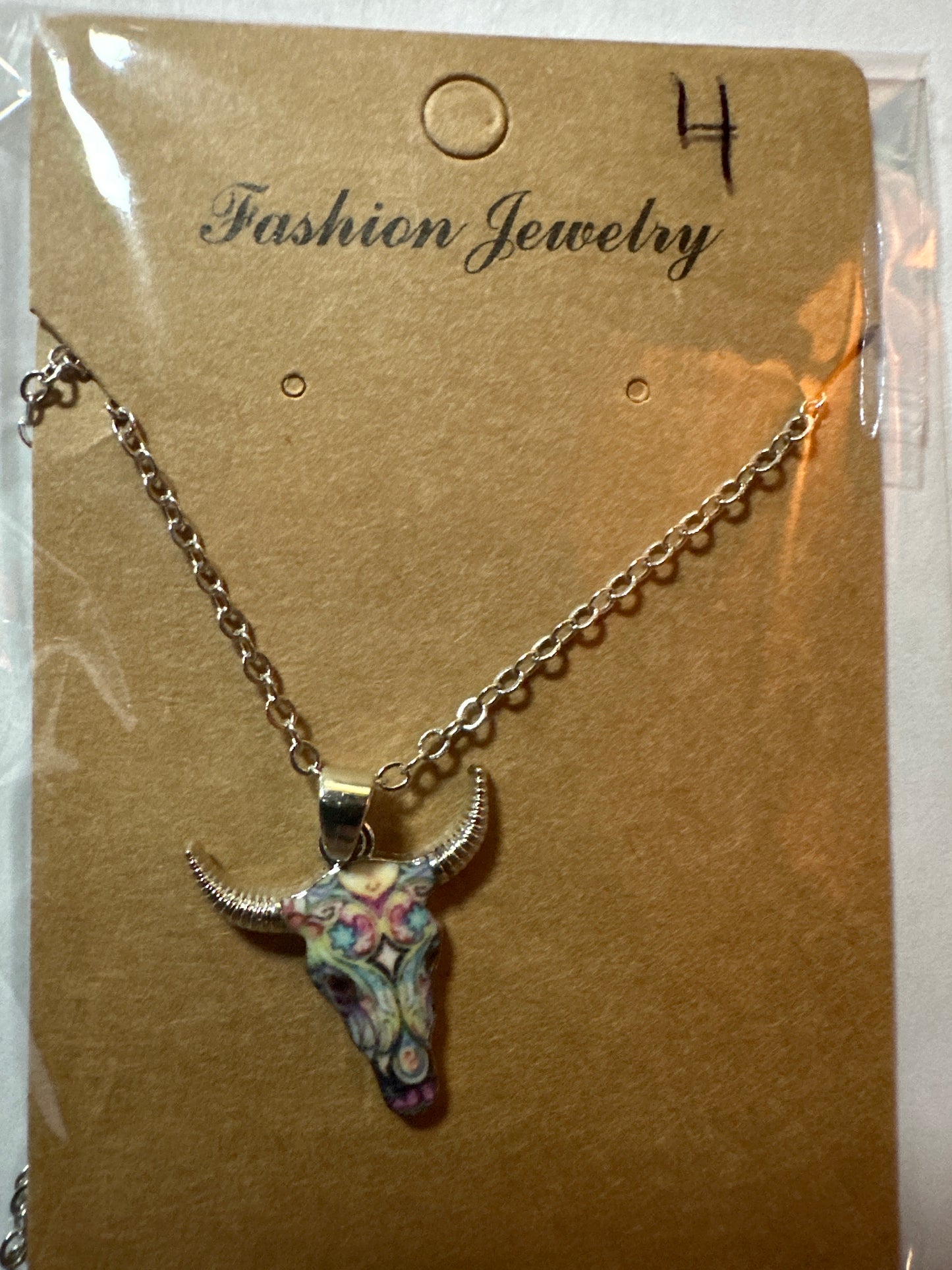 Colorful Steer Skull Necklace