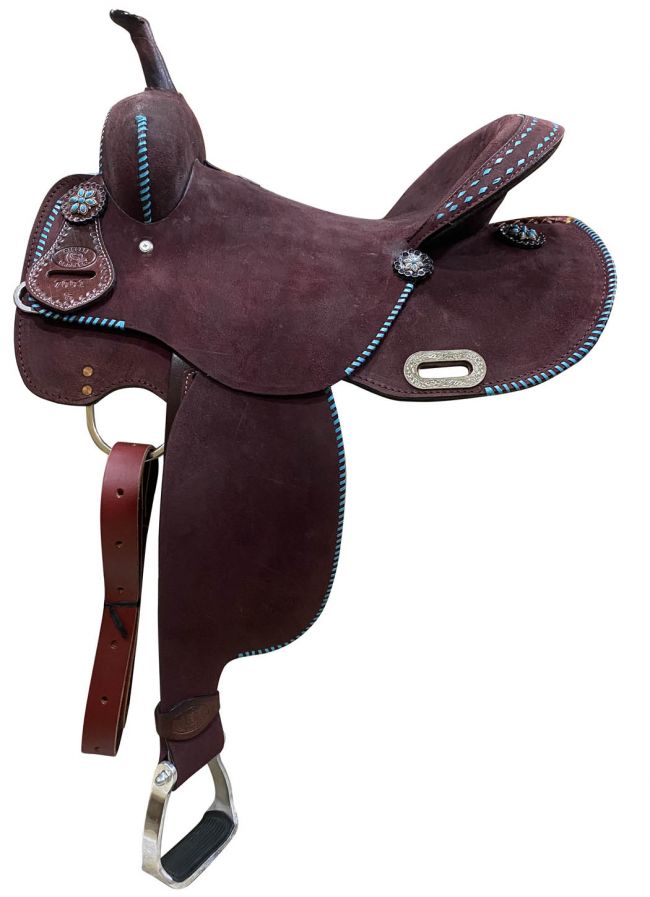 14", 15" CIRCLE S Barrel Racing saddle with Teal buck stitch accents 700114