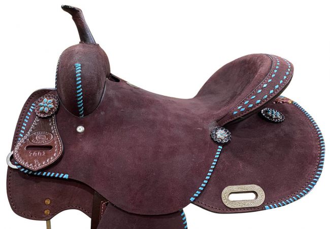 14", 15" CIRCLE S Barrel Racing saddle with Teal buck stitch accents 700114