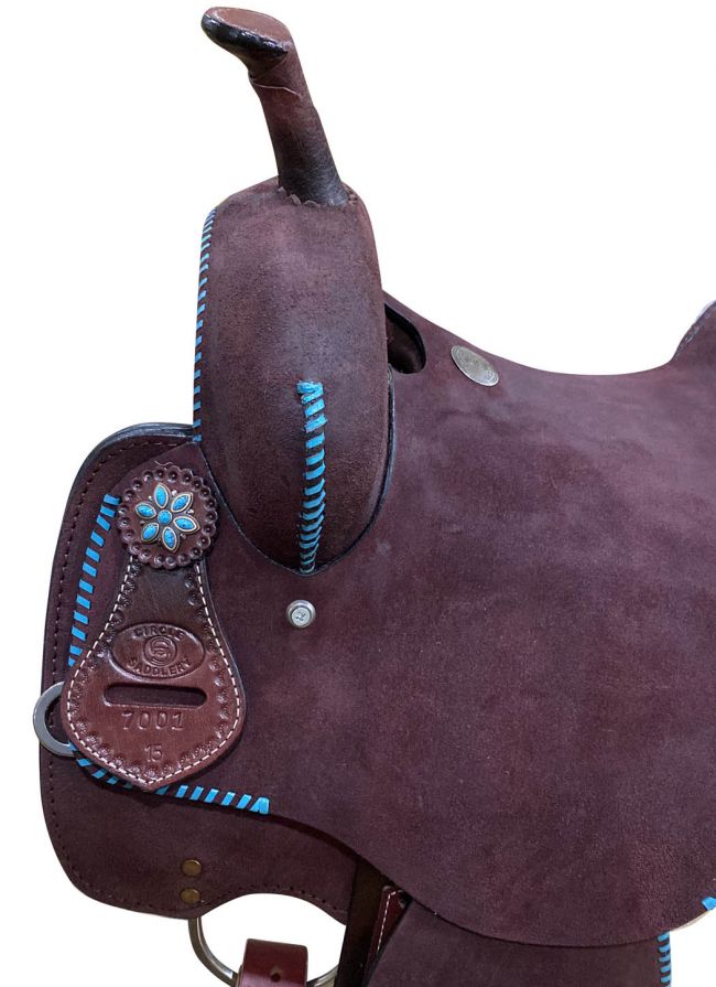 14", 15" CIRCLE S Barrel Racing saddle with Teal buck stitch accents 700114