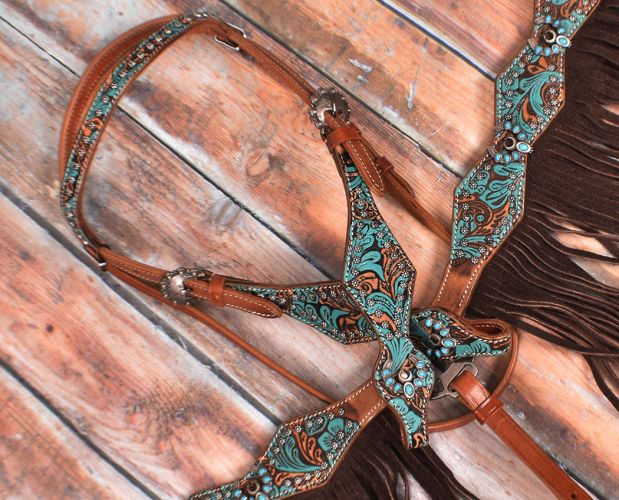 Showman Turquoise and Brown Floral Tooled browband headstall and breast collar set 7040