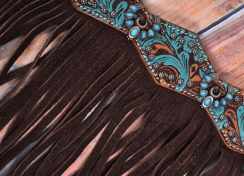 Showman Turquoise and Brown Floral Tooled browband headstall and breast collar set 7040