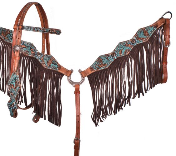 Showman Turquoise and Brown Floral Tooled browband headstall and breast collar set 7040