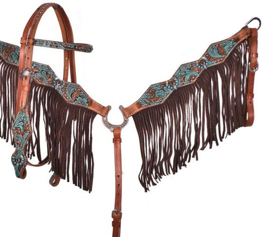 Showman Turquoise and Brown Floral Tooled browband headstall and breast collar set 7040