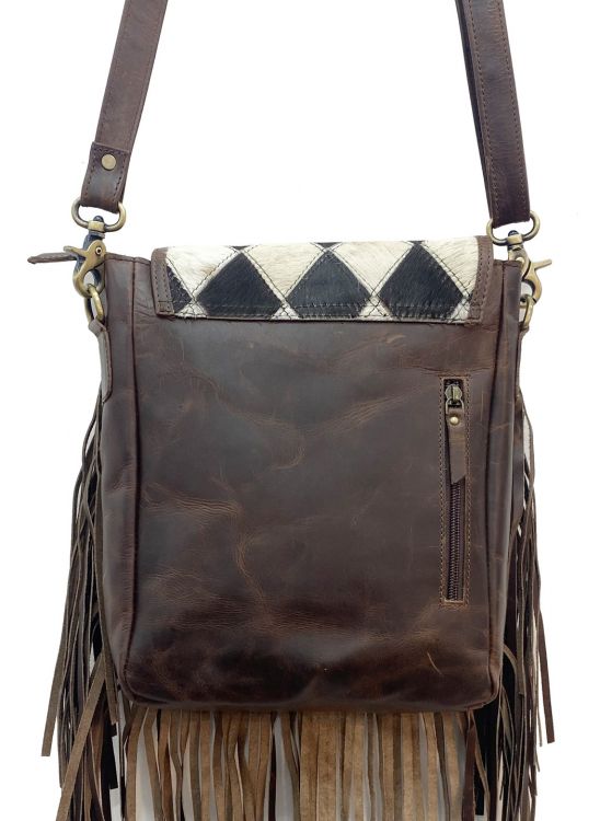 Klassy Cowgirl Leather Conceal Carry Crossbody Bag with diamond pattern hair on cowhide and fringe 78071