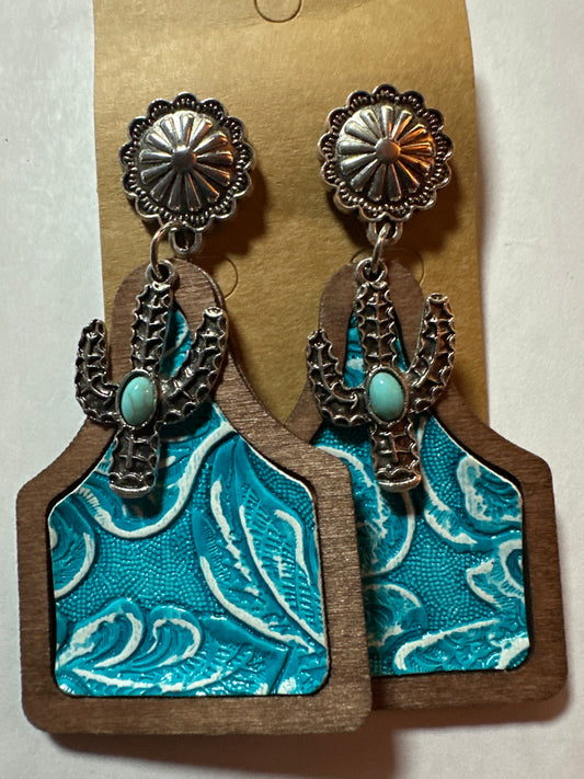 Teal & Silver Cactus Cow Tag Earrings