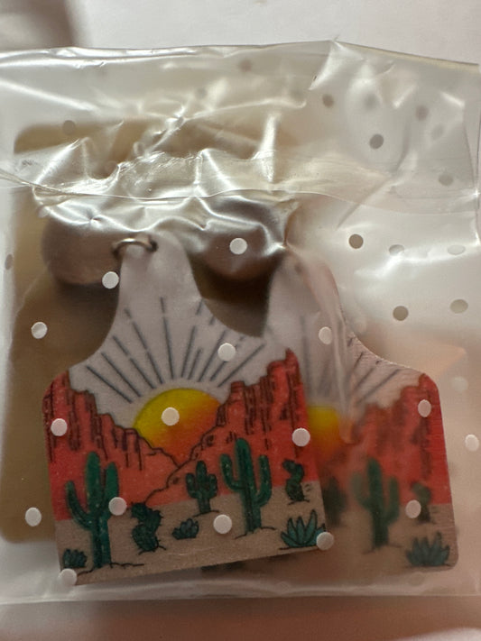 Sunset Cactus Wood Cow Tag Earrings