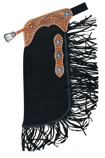 Showman black suede leather chinks with floral tooling CH-04