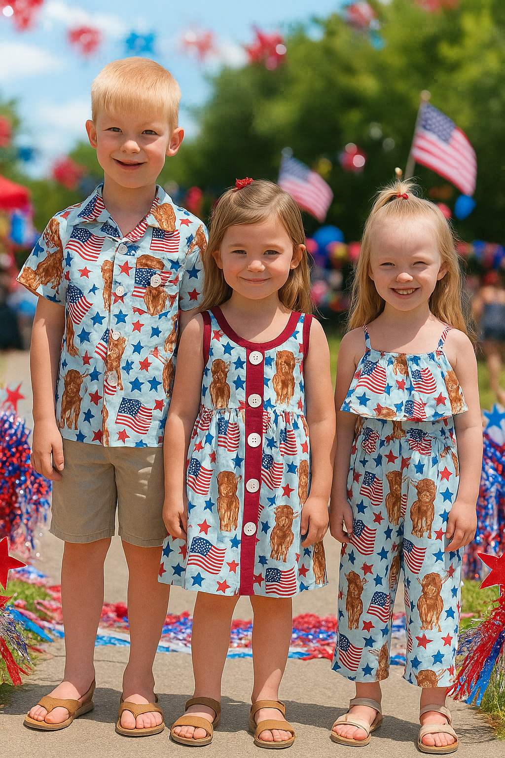 Highland Cow 4th of July Outfits for Kids โ Dress, Button Down Shirt & Romper | Western Matching Sibling Set | Patriotic Cowboy ClothesOf July Kids