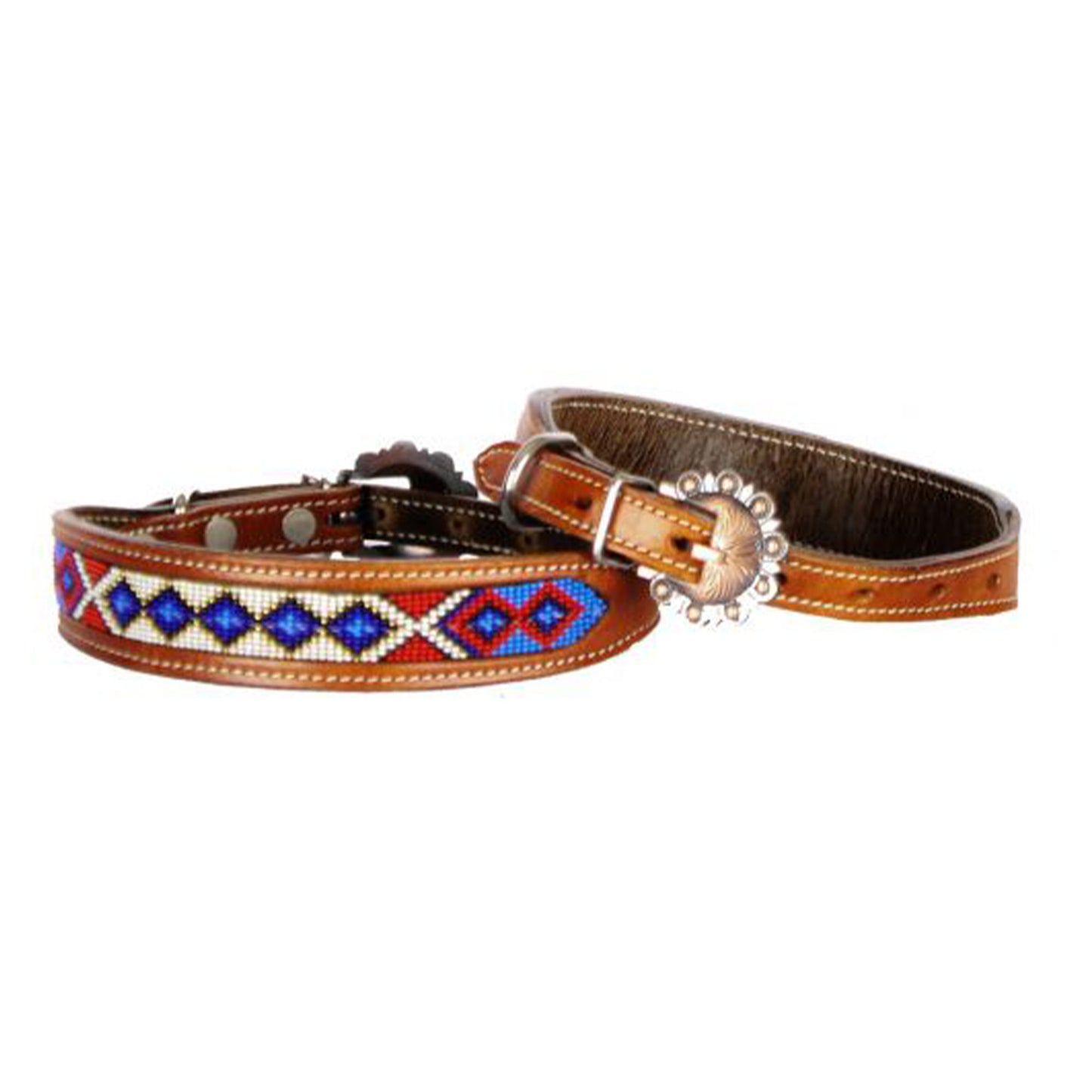 Showman Couture Genuine leather dog collar beaded inlay - cream, indigo, and red DC-10