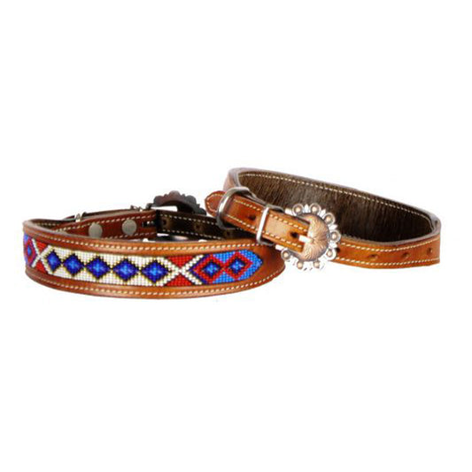 Showman Couture Genuine leather dog collar beaded inlay - cream, indigo, and red DC-10