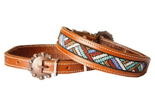 Showman Couture Genuine leather dog collar with red, white, periwinkle, mint, and gold beaded inlay DC-17