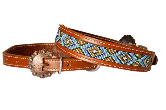 Showman Couture Genuine leather dog collar with periwinkle, gold, and mint beaded inlay DC-18