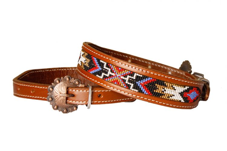 Showman Couture Genuine leather dog collar with beaded inlay - red, black, periwinkle, white, and gold DC-19