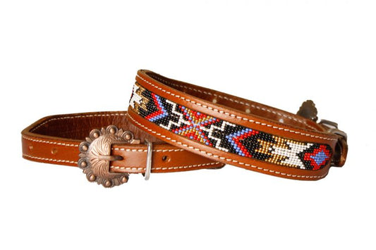 Showman Couture Genuine leather dog collar with beaded inlay - red, black, periwinkle, white, and gold DC-19